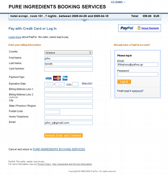 booking system paypal input